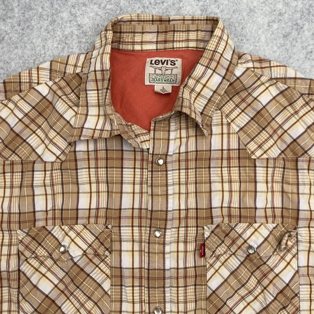 Levi's Shirt Mens Large Beige Plaid Western Pearl Snap Short Sleeve Casual